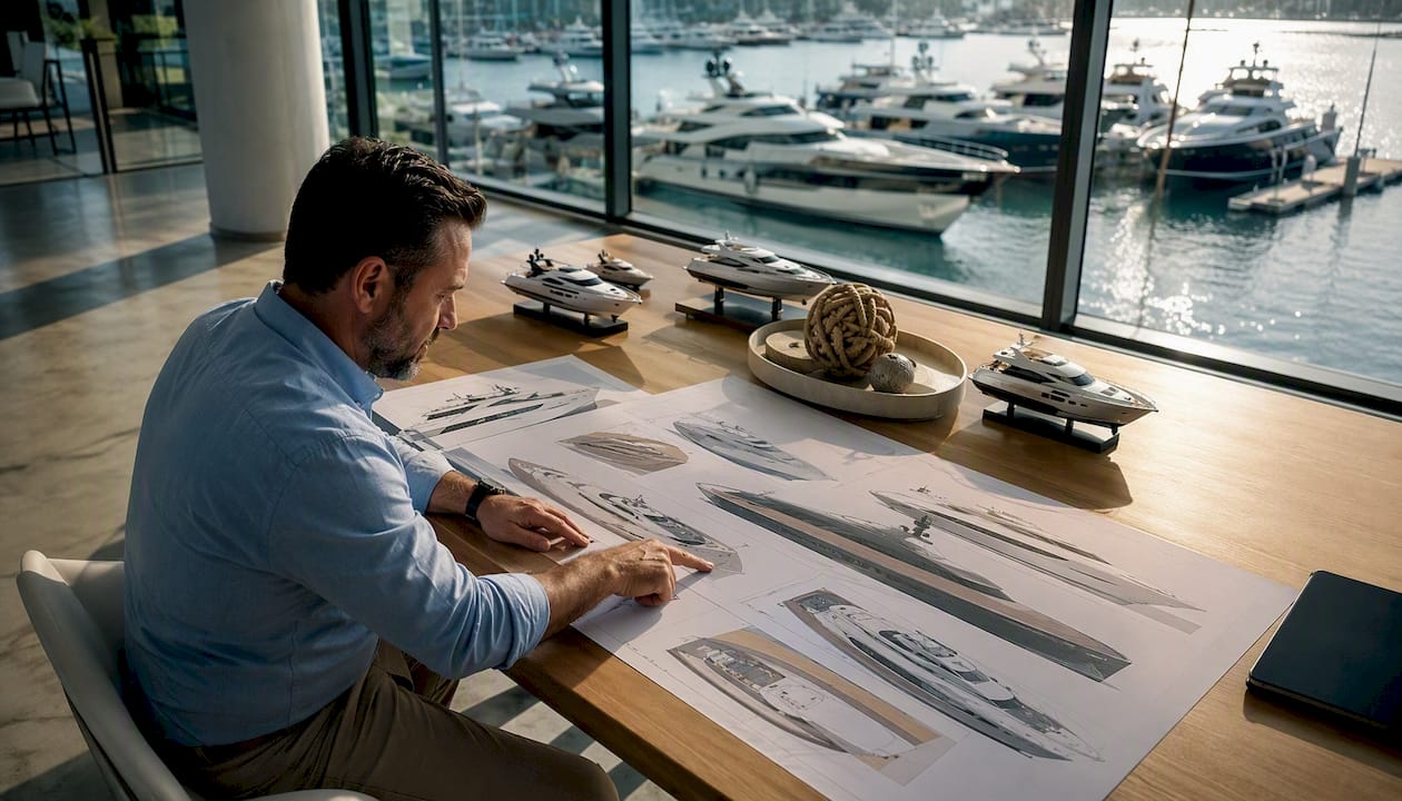 Man reviewing boat types brochure indoors