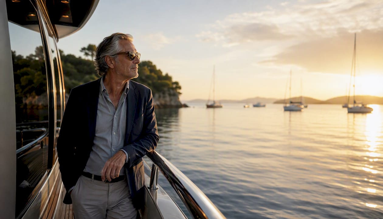 Luxury yacht owner onboard docked vessel