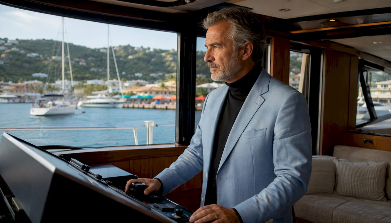 Captain inspecting controls on luxury yacht deck