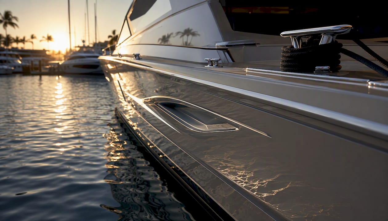 Close-up of yacht hull shapes at marina