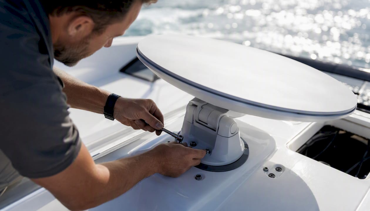 Tech installing Starlink-like dish on yacht deck