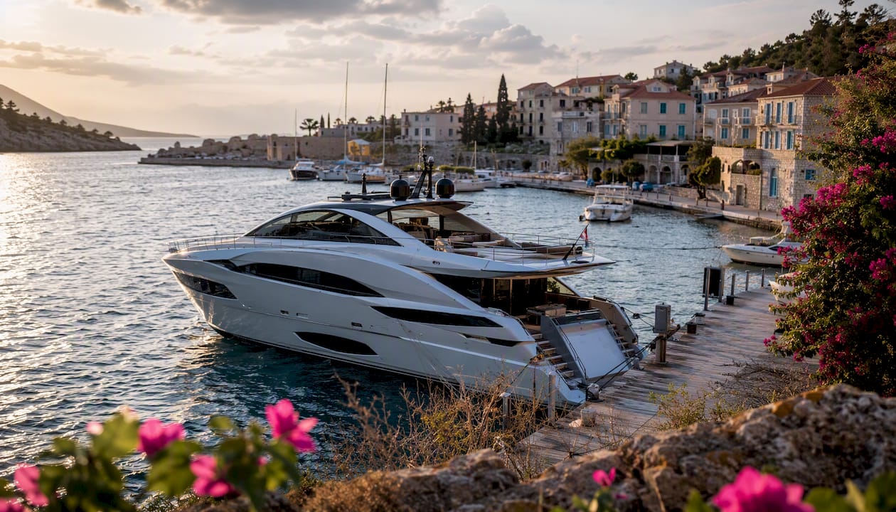 Luxury yacht moored in Greek marina