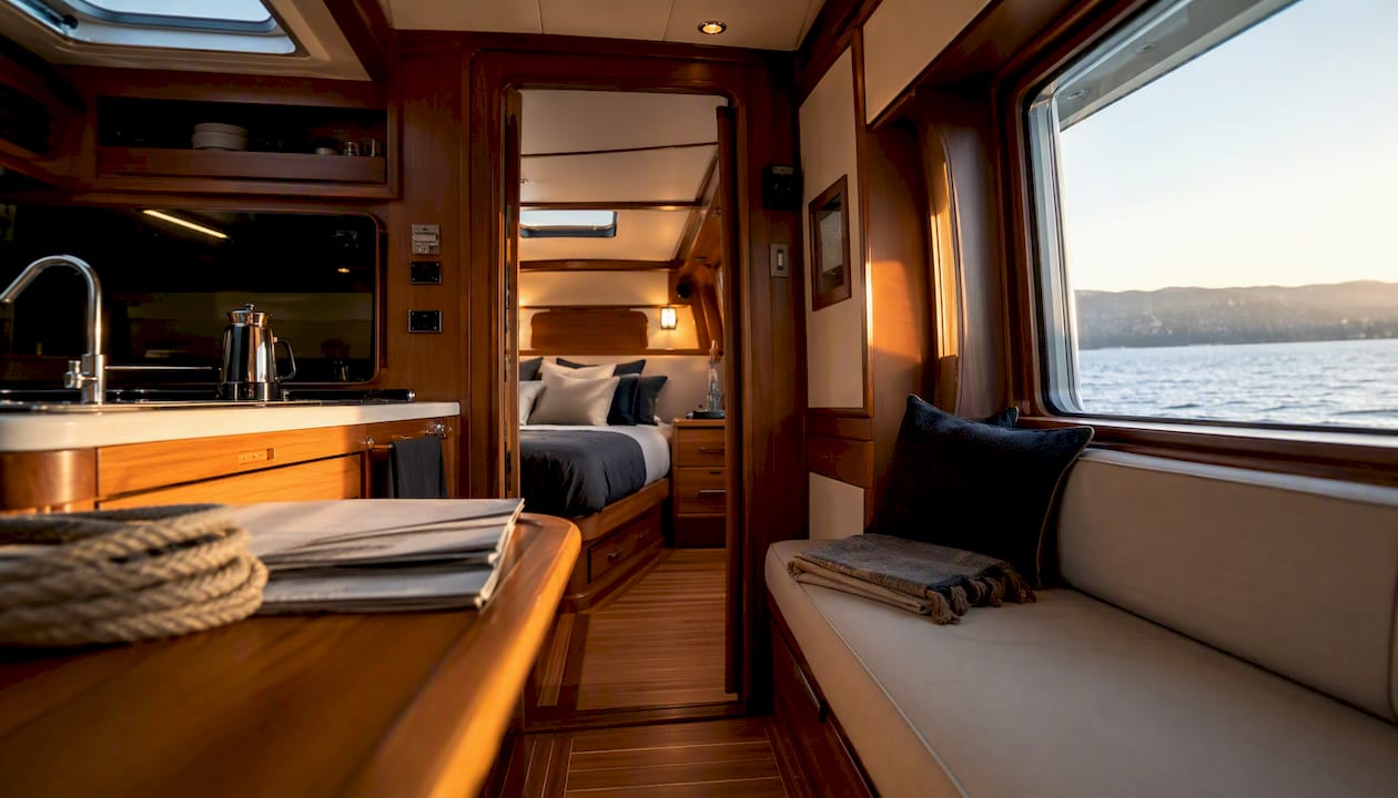 Interior cabin and hull details of liveaboard boat