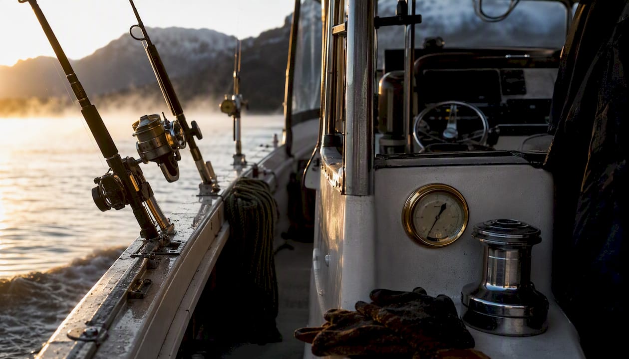 Close-up fishing gear on yacht deck in Alaska