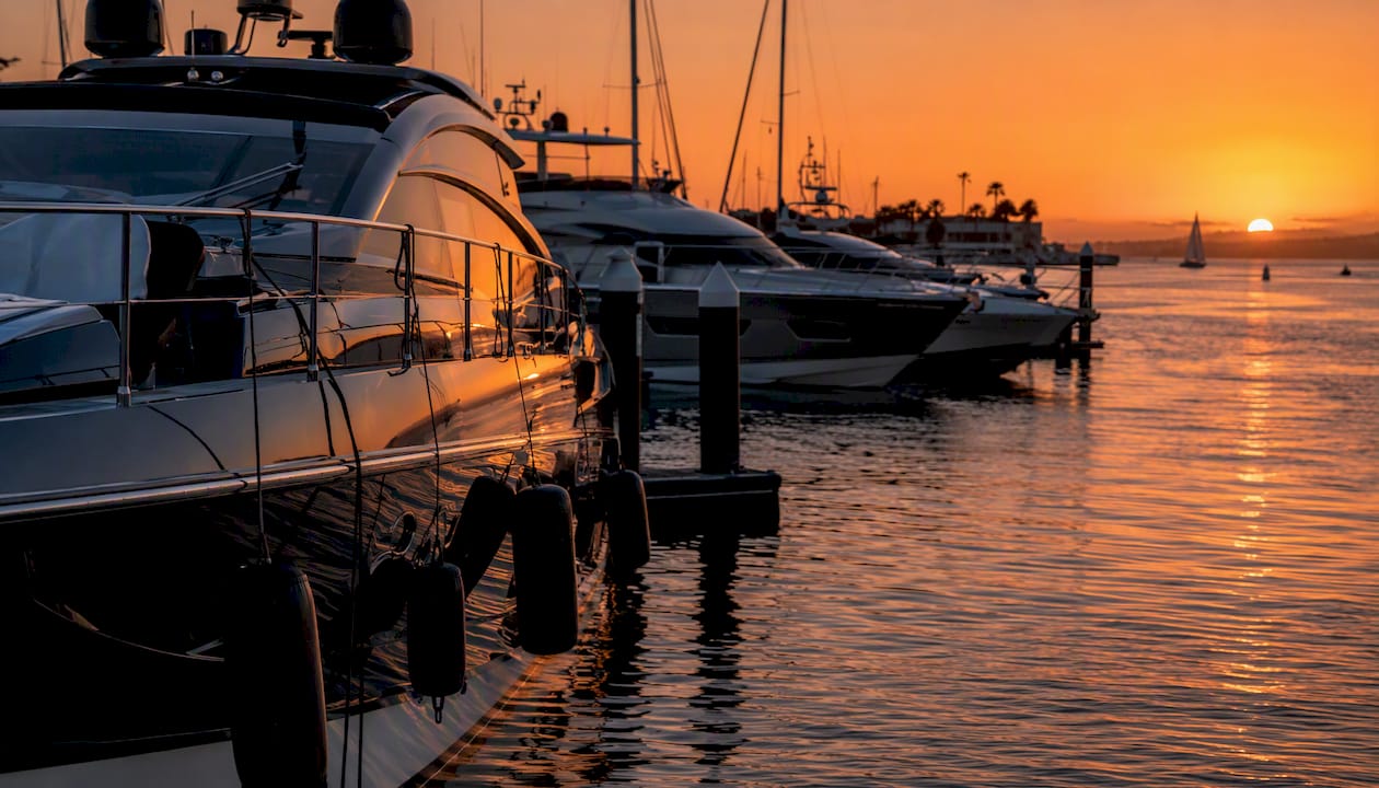 Luxury yachts moored at Newport Beach marina