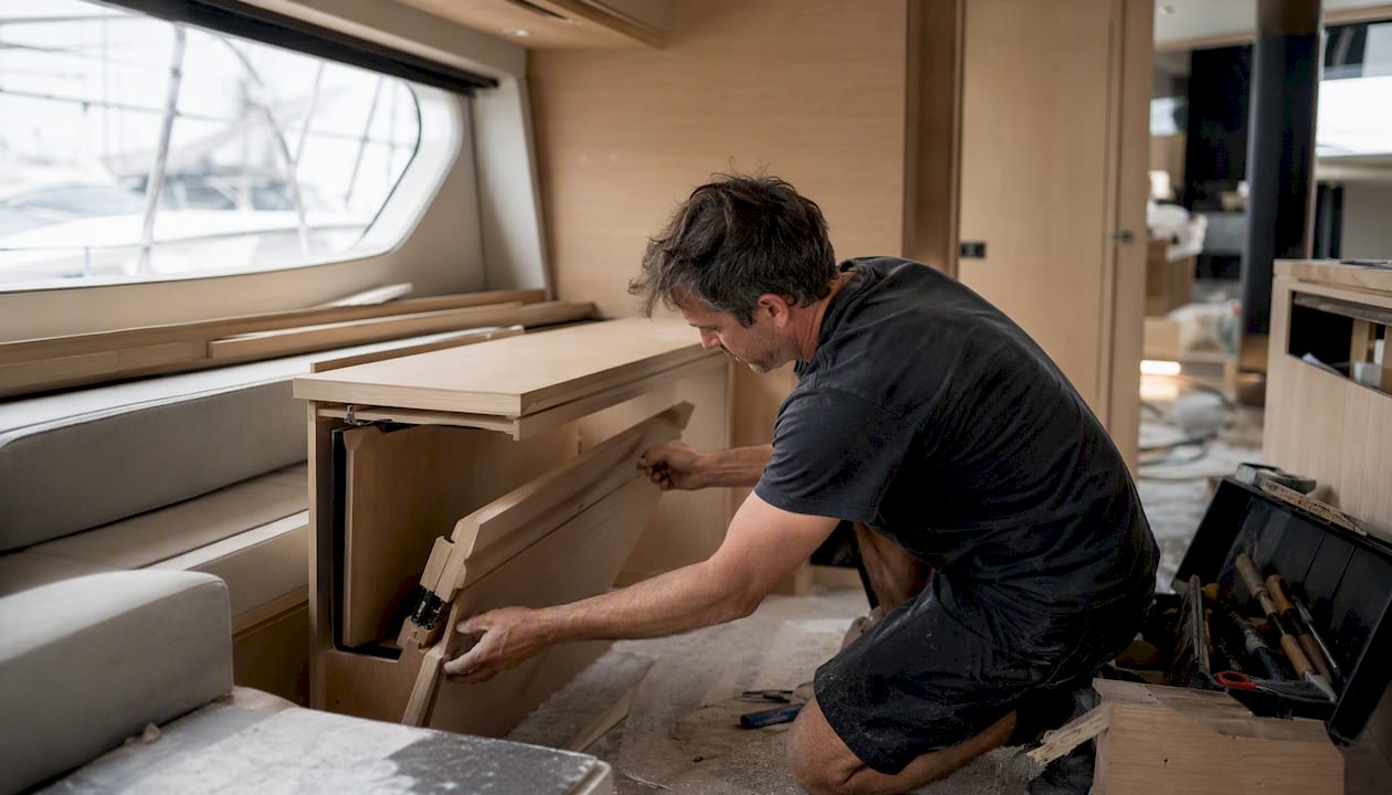 Yacht interior refit with fold-away furniture