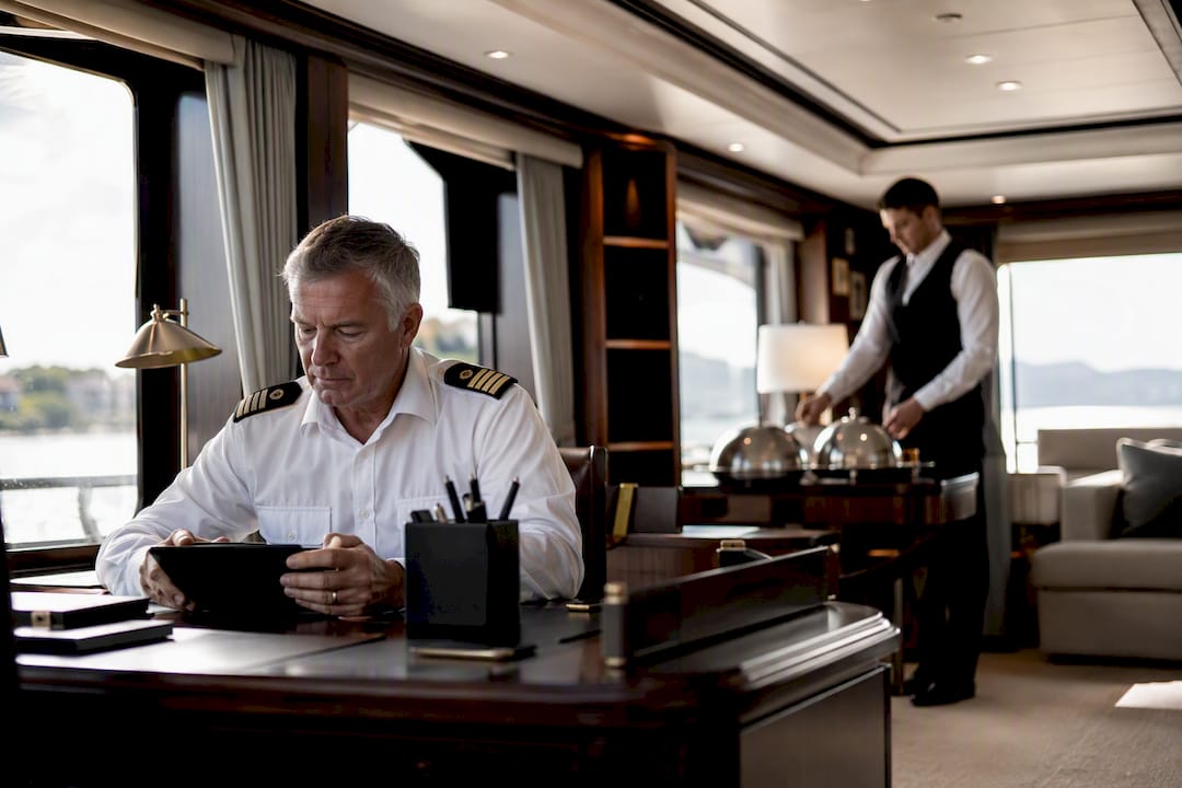 Crew preparing guest profiles in yacht office