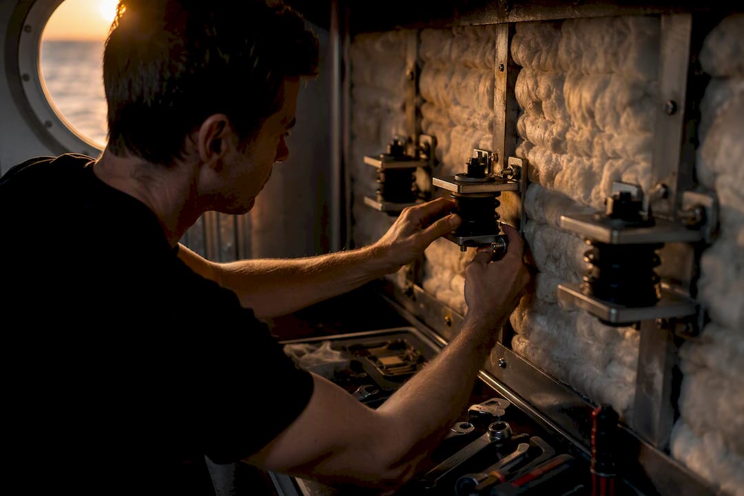 Craftsman fitting vibration mounts in yacht crew quarters