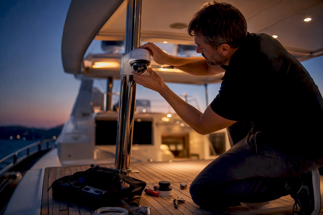 Technician installing yacht security camera at dusk