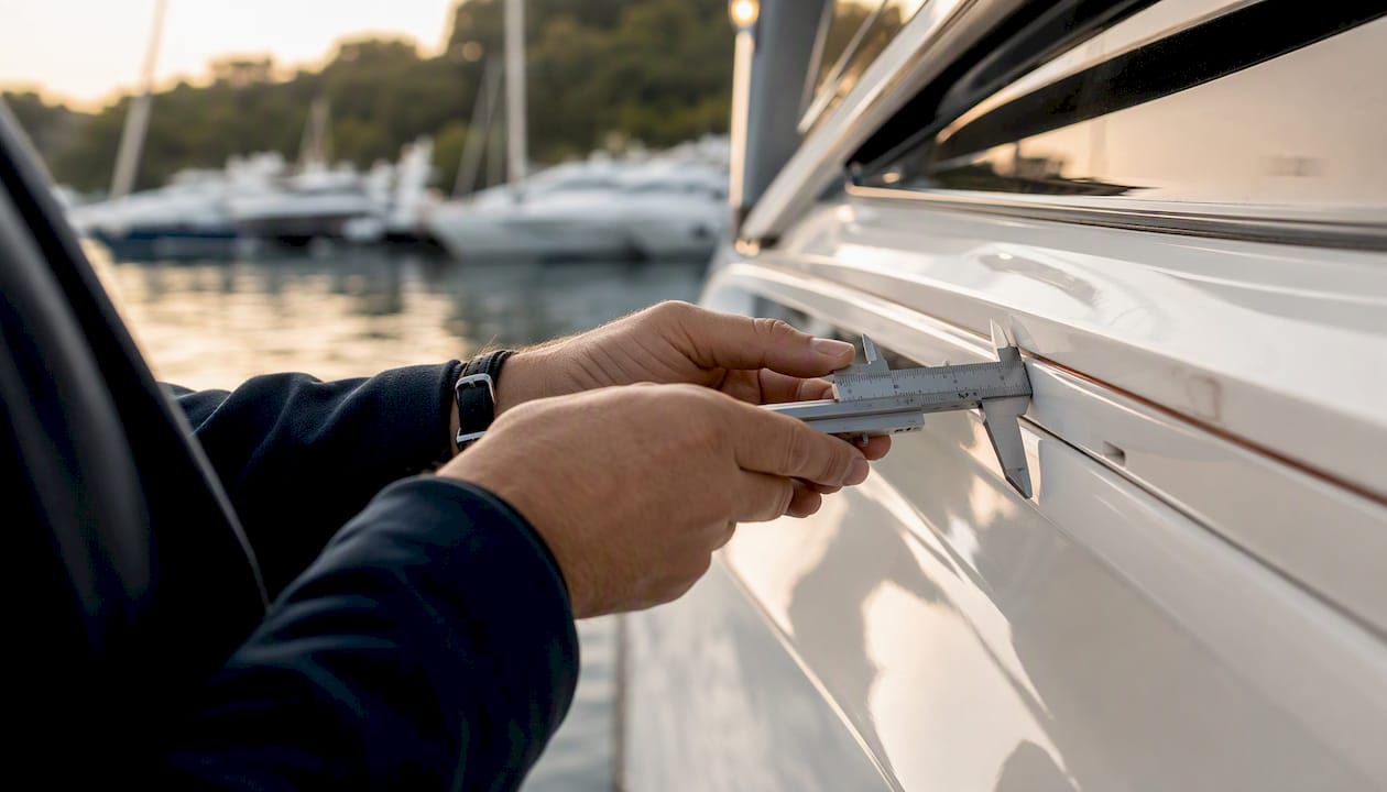 Hands measuring yacht exterior detail with caliper