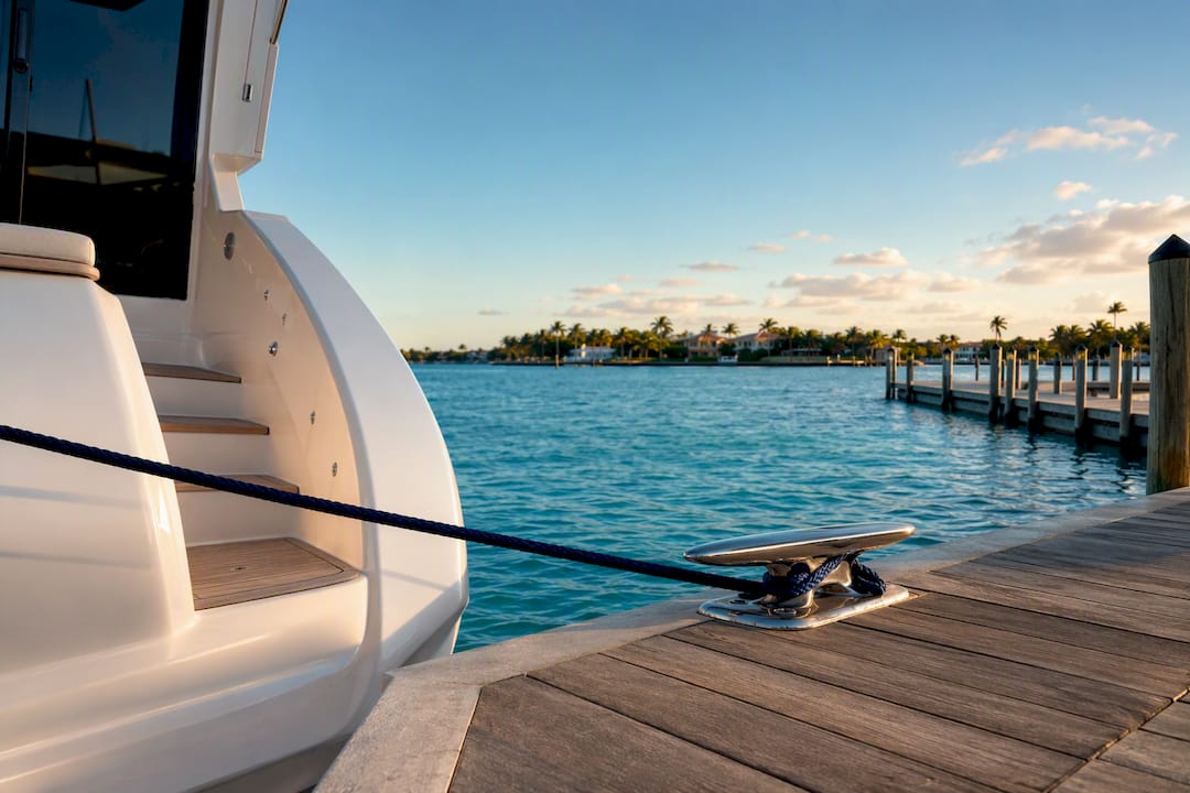 Anonymous yacht beside Florida waterfront dock