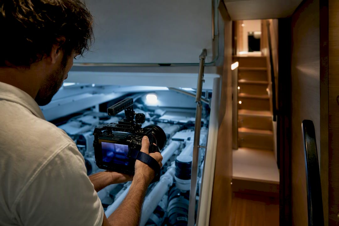 Camera filming an anonymous yacht engine room