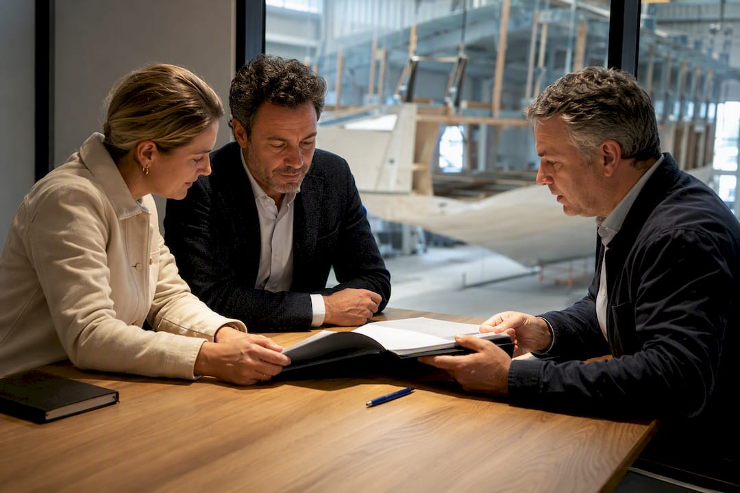 Shipyard team reviewing yacht contract terms