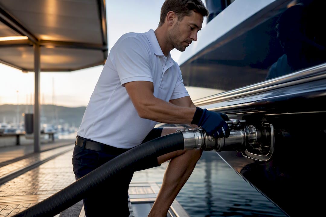 Crew member fueling a superyacht